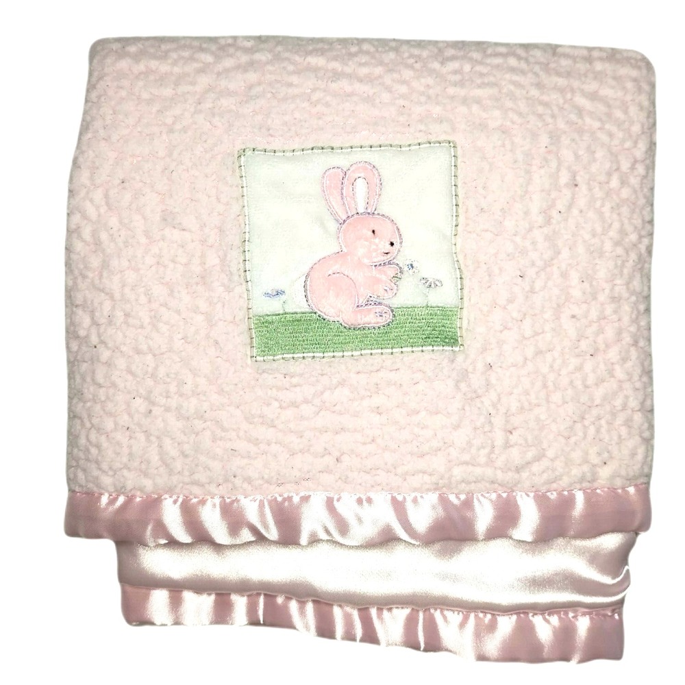 Beansprout Pink Bunny Sherpa‎ Satin Baby Girl Blanket HTF Lovey Security Flowers